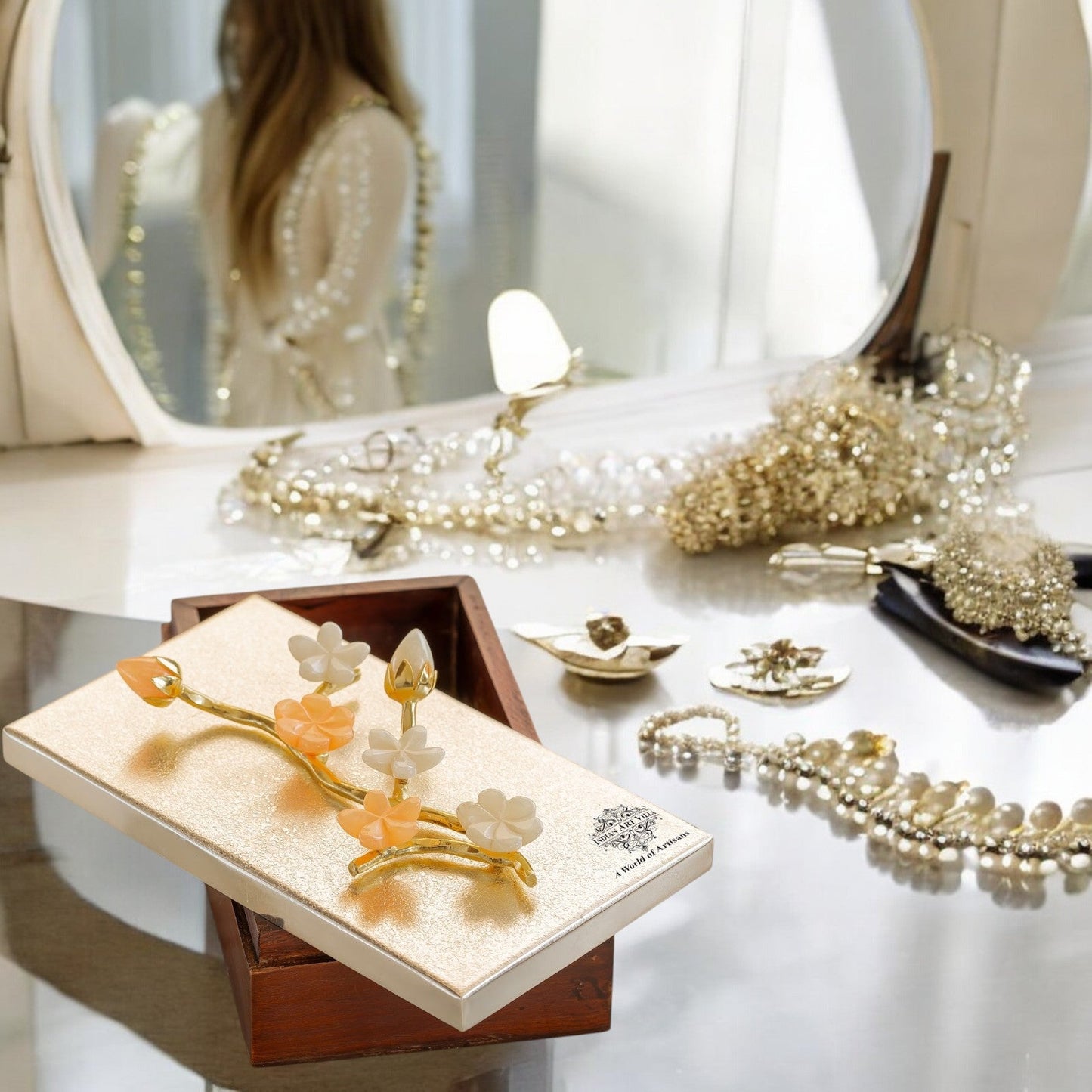 Wooden Decorative Box with Silver-Plated Leaf and Flower Design