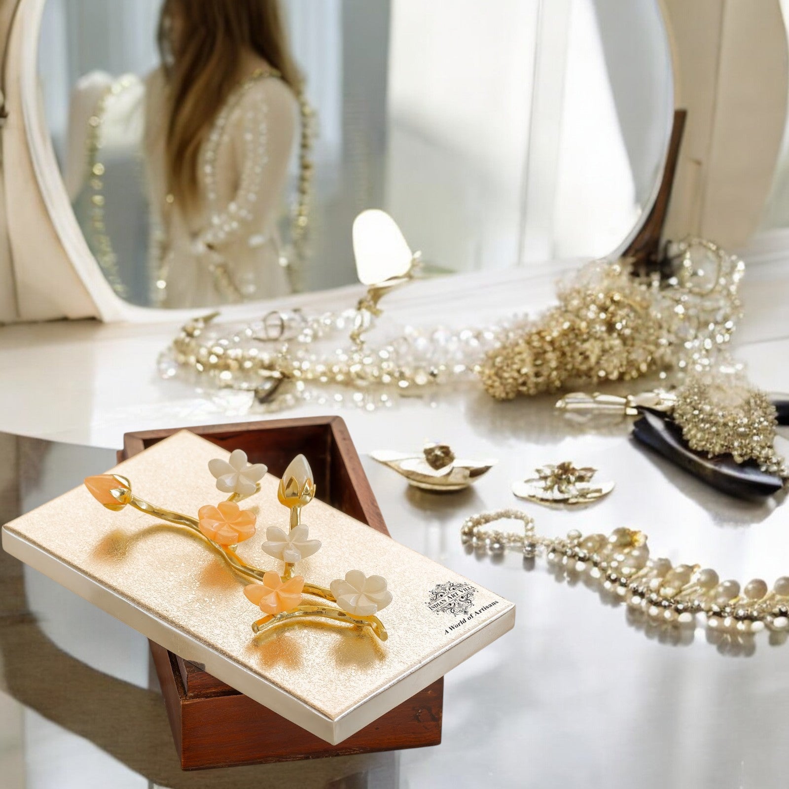 Wooden Decorative Box with Silver-Plated Leaf and Flower Design