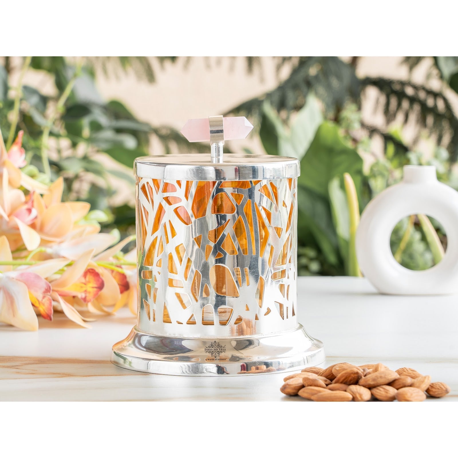 Silver Plated Brass & Glass Jali Cutting Dry Fruit Box, Oval Shaped Decorative Chocolate & Dry Fruit Storage Box