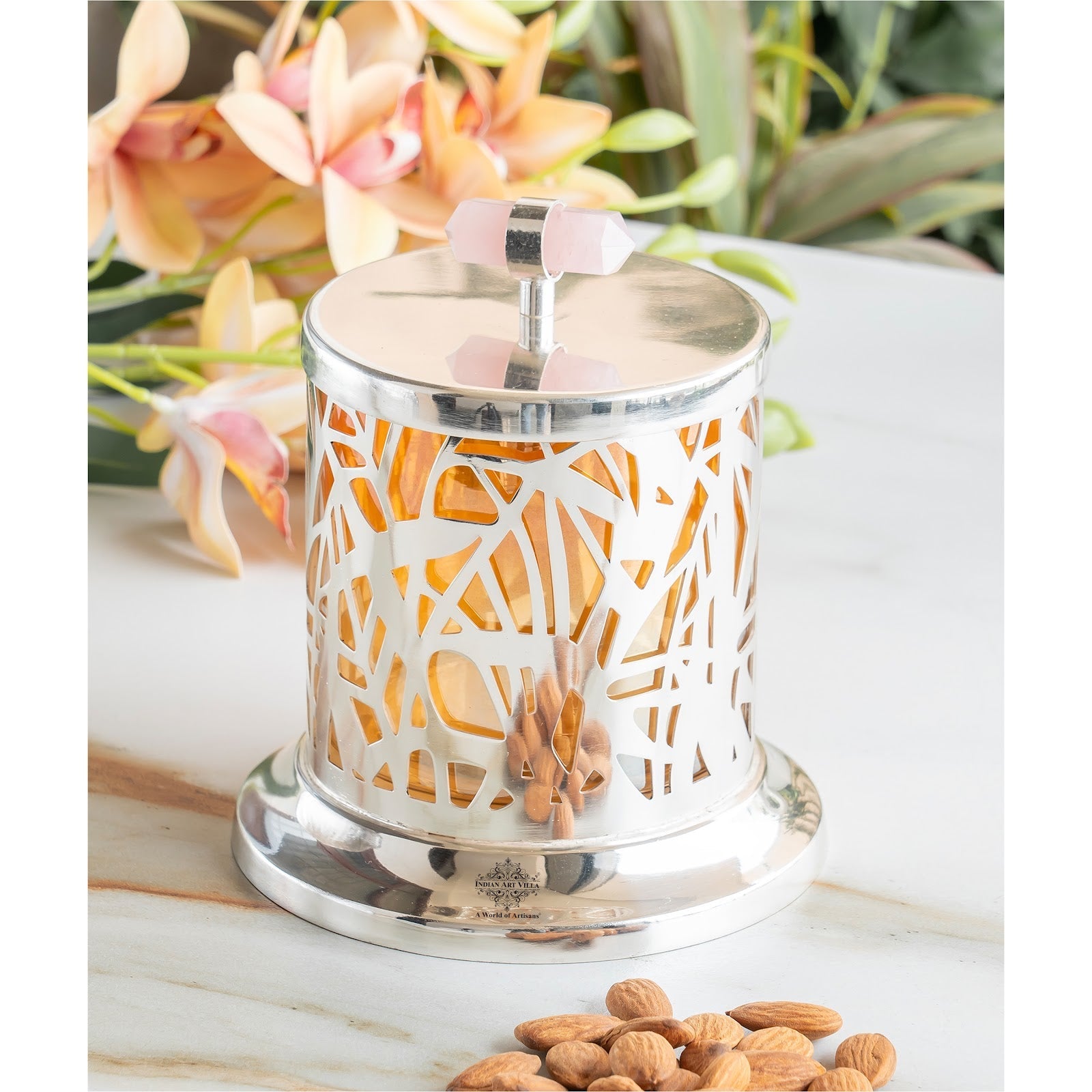 Silver Plated Brass & Glass Jali Cutting Dry Fruit Box, Oval Shaped Decorative Chocolate & Dry Fruit Storage Box