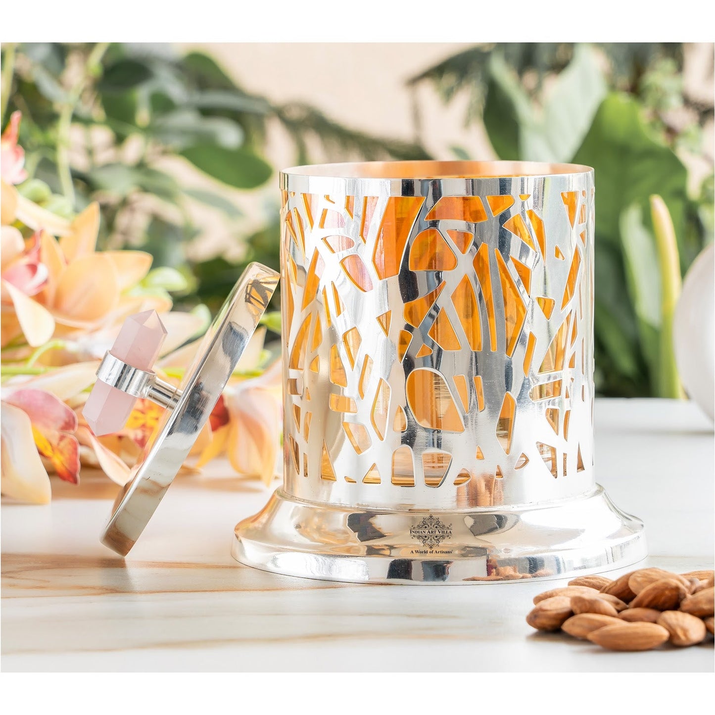 Silver Plated Brass & Glass Jali Cutting Dry Fruit Box, Oval Shaped Decorative Chocolate & Dry Fruit Storage Box