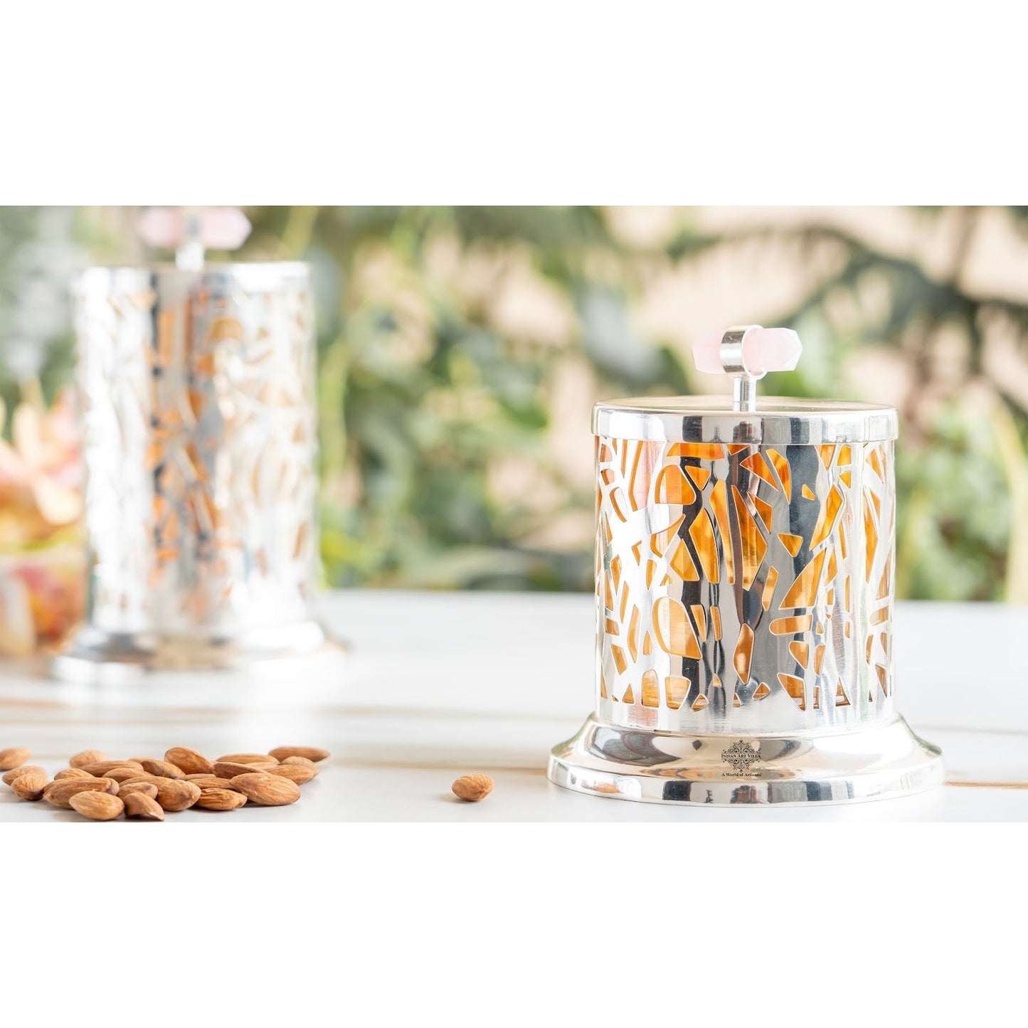 Silver Plated Brass & Glass Jali Cutting Dry Fruit Box, Oval Shaped Decorative Chocolate & Dry Fruit Storage Box