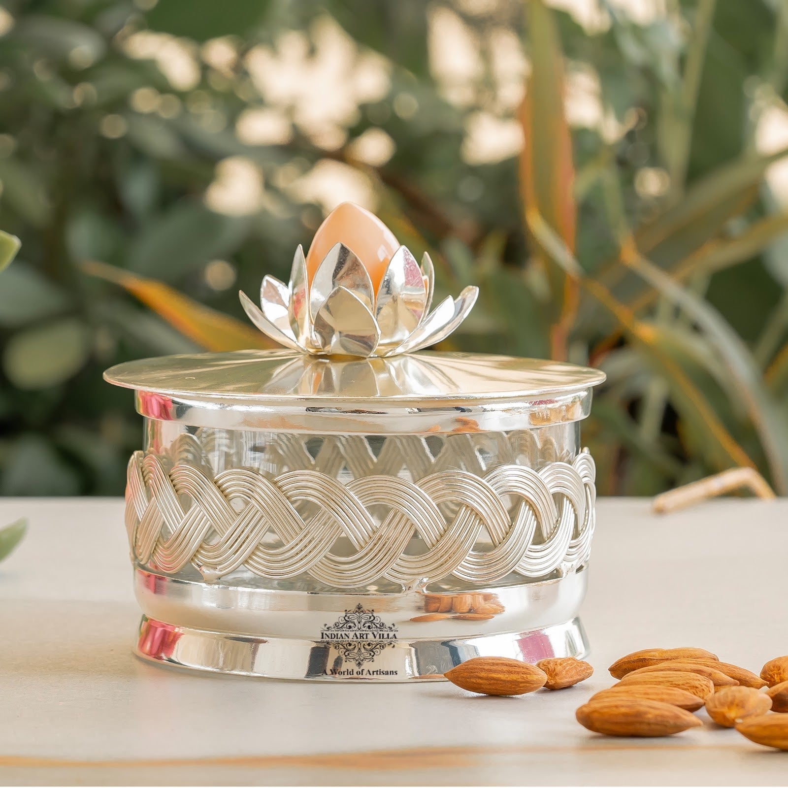 Silver-Plated Dry Fruit Box with Lotus Flower Design Knob – 6 Inches, Decorative Storage Container for Multi-purpose box