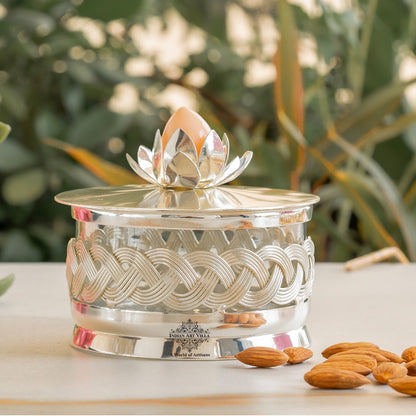 Silver-Plated Dry Fruit Box with Lotus Flower Design Knob – 6 Inches, Decorative Storage Container for Multi-purpose box