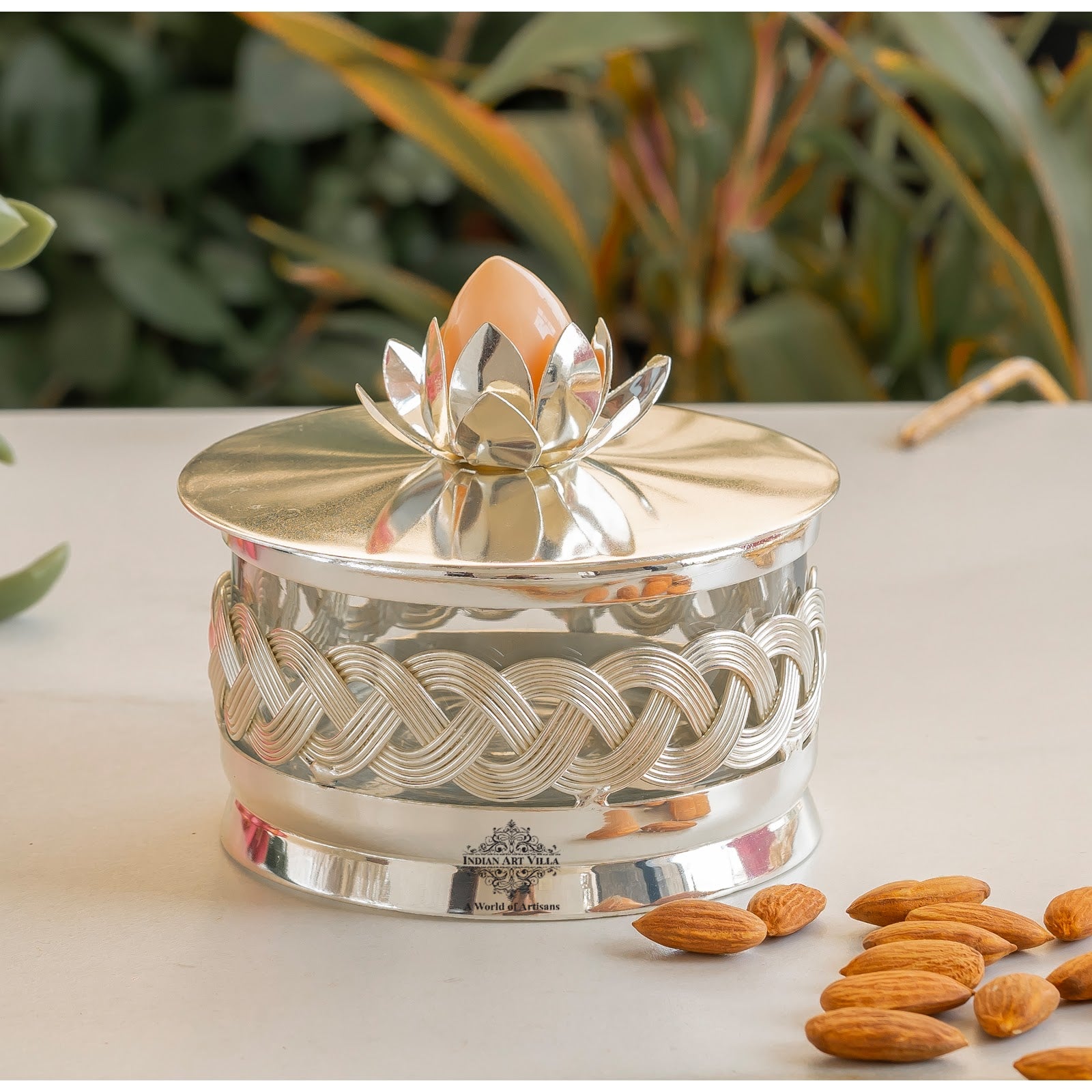 Silver-Plated Dry Fruit Box with Lotus Flower Design Knob – 6 Inches, Decorative Storage Container for Multi-purpose box