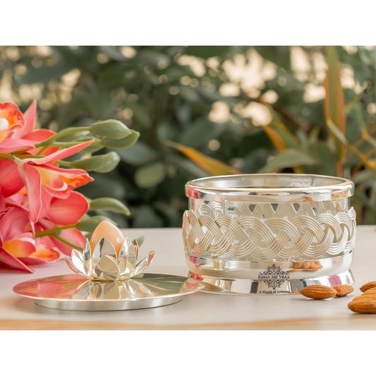 Silver-Plated Dry Fruit Box with Lotus Flower Design Knob – 6 Inches, Decorative Storage Container for Multi-purpose box