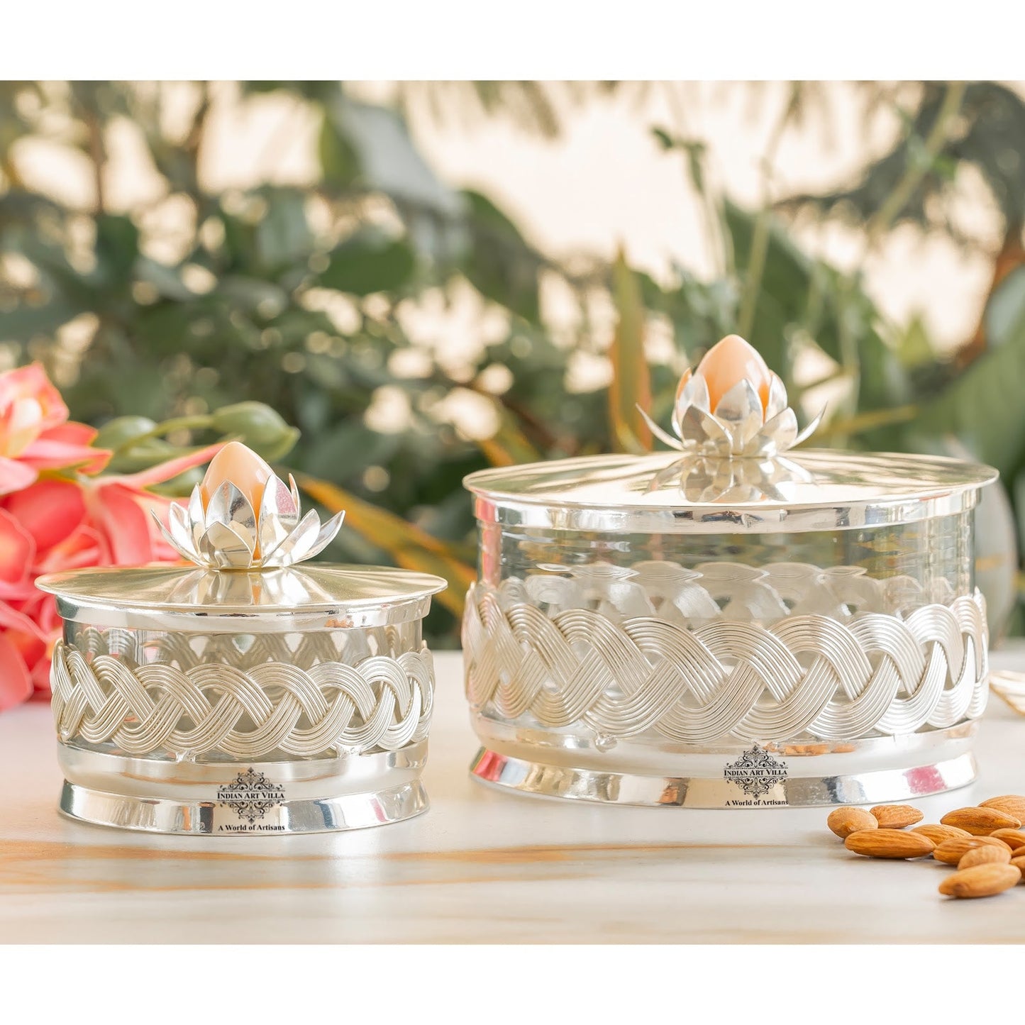 Silver-Plated Dry Fruit Box with Lotus Flower Design Knob – 6 Inches, Decorative Storage Container for Multi-purpose box