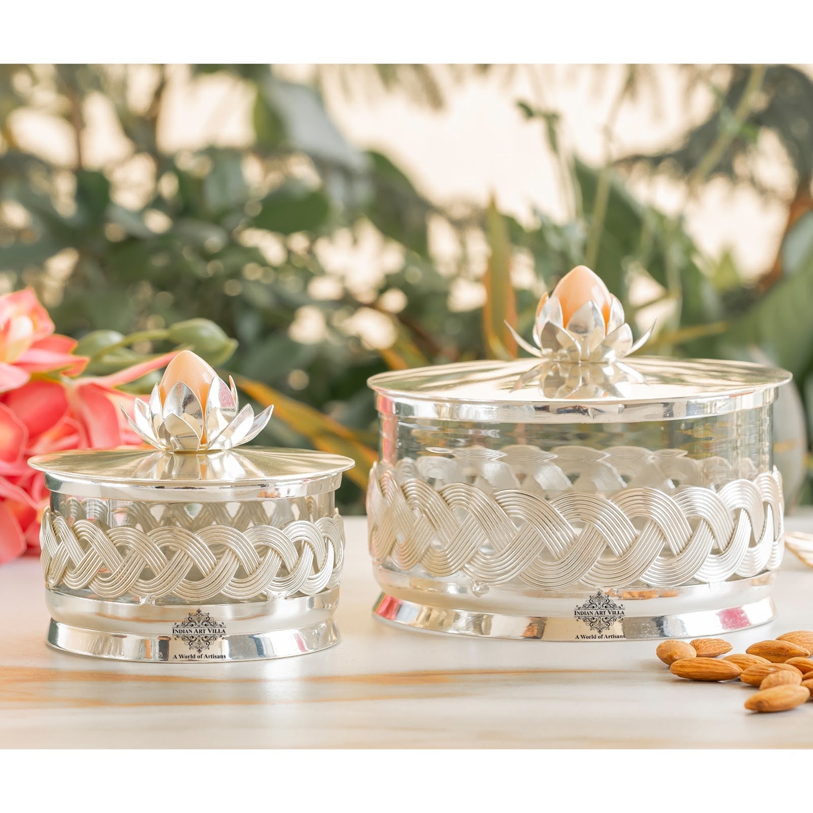 Silver-Plated Dry Fruit Box with Lotus Flower Design Knob – 6 Inches, Decorative Storage Container for Multi-purpose box