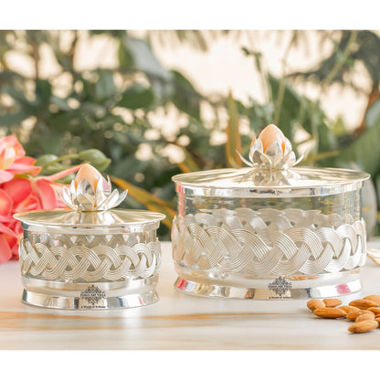 Silver-Plated Dry Fruit Box with Lotus Flower Design Knob – 6 Inches, Decorative Storage Container for Multi-purpose box