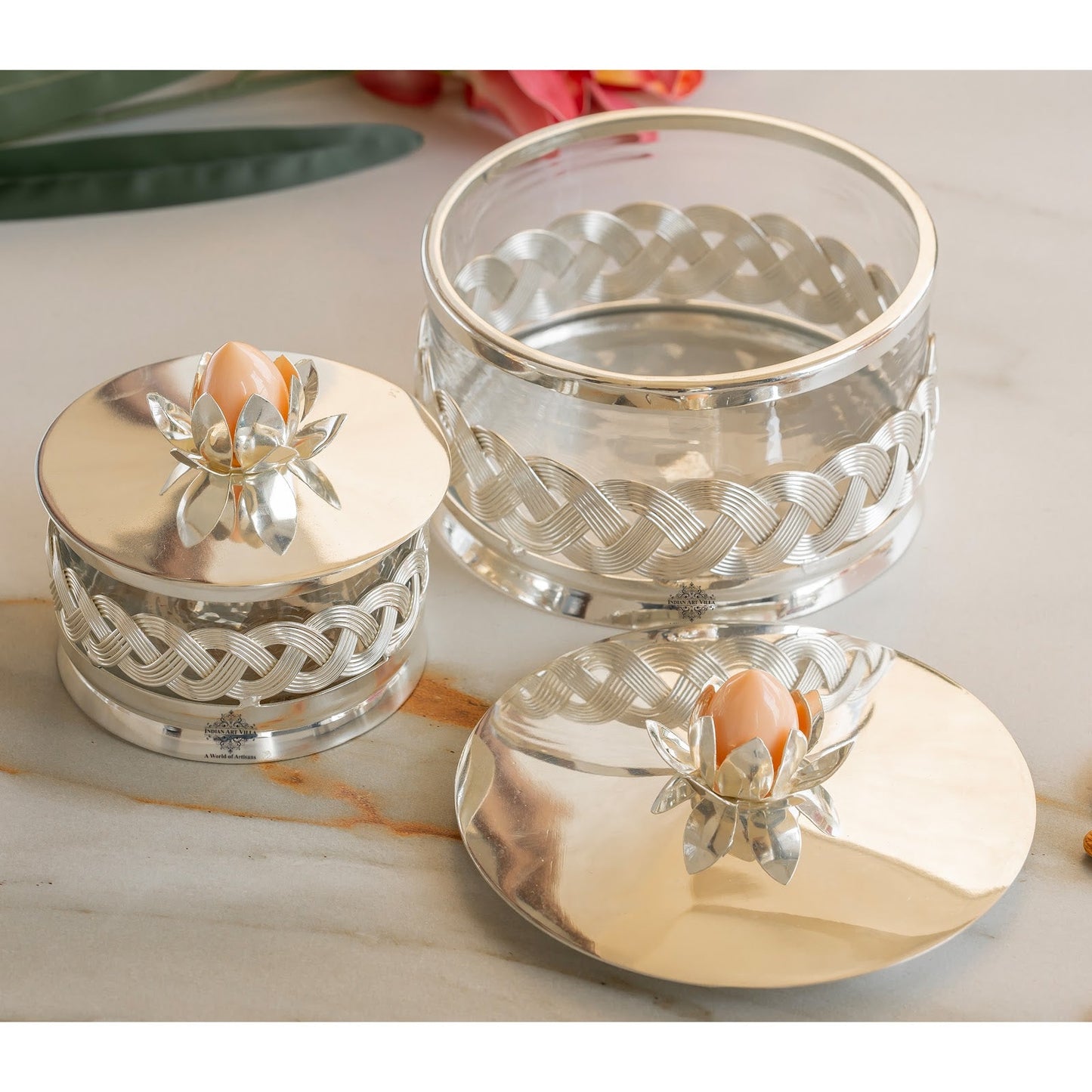 Silver-Plated Dry Fruit Box with Lotus Flower Design Knob – 6 Inches, Decorative Storage Container for Multi-purpose box