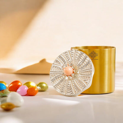 Silver-Plated & Brass Multipurpose Box with Lotus Design Lid, Gold & Silver Finish, Elegant Decorative Box for Dry Fruits, Sweets And Gifting