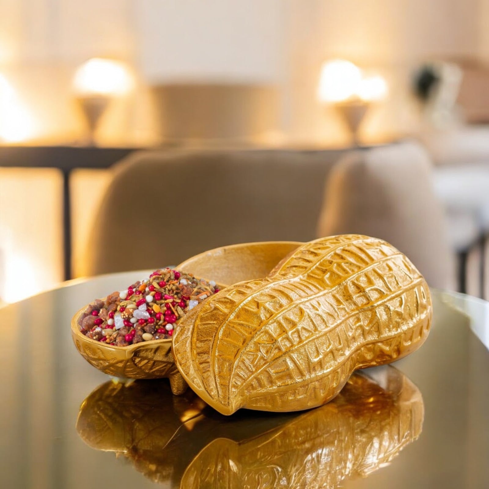 Gold Finish Peanut Design Decorative Box, Unique Storage for Dry Fruits