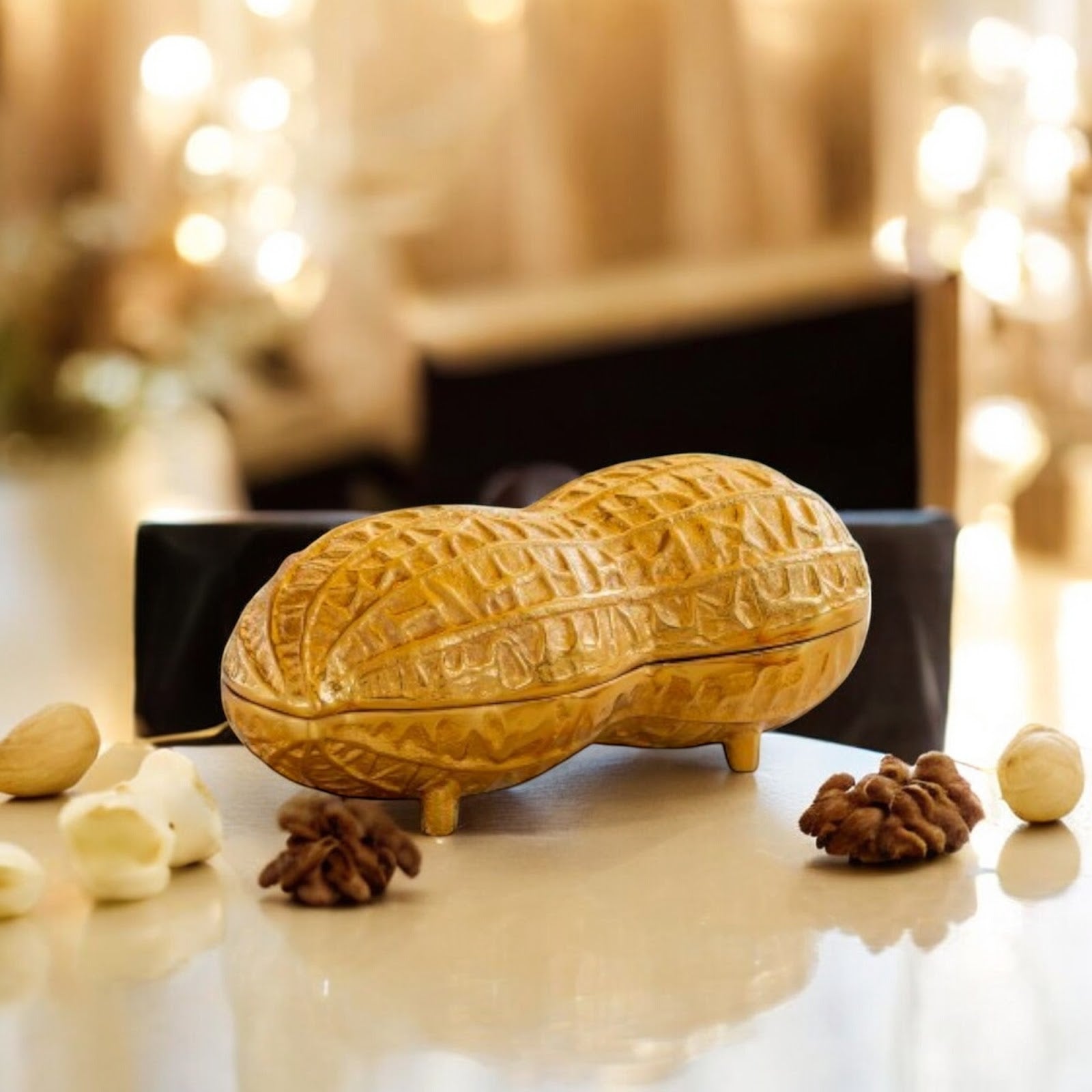 Gold Finish Peanut Design Decorative Box, Unique Storage for Dry Fruits