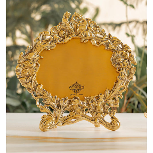 Brass Finish Photo Frame with Floral Design, Antique Golden Finish, 4x6 Inch – Decorative Tabletop & Home Décor Gift Item
