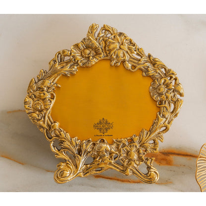 Brass Finish Photo Frame with Floral Design, Antique Golden Finish, 4x6 Inch – Decorative Tabletop & Home Décor Gift Item