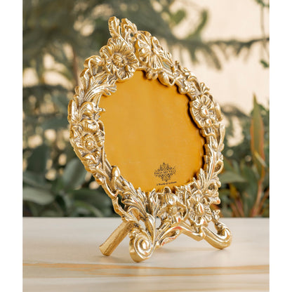 Brass Finish Photo Frame with Floral Design, Antique Golden Finish, 4x6 Inch – Decorative Tabletop & Home Décor Gift Item