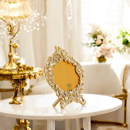 Brass Finish Photo Frame with Floral Design, Antique Golden Finish, 4x6 Inch – Decorative Tabletop & Home Décor Gift Item