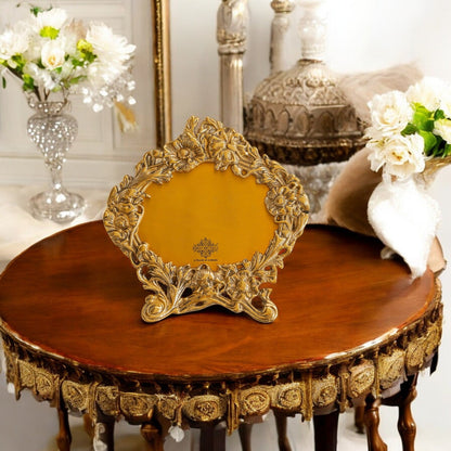 Brass Finish Photo Frame with Floral Design, Antique Golden Finish, 4x6 Inch – Decorative Tabletop & Home Décor Gift Item