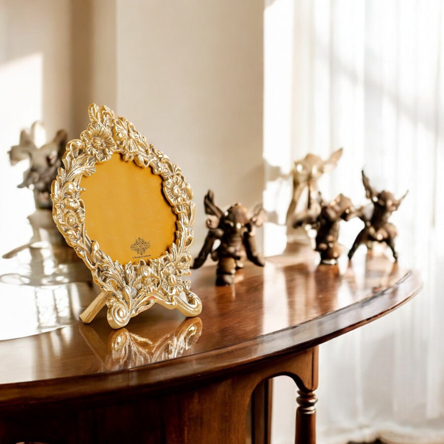 Brass Finish Photo Frame with Floral Design, Antique Golden Finish, 4x6 Inch – Decorative Tabletop & Home Décor Gift Item