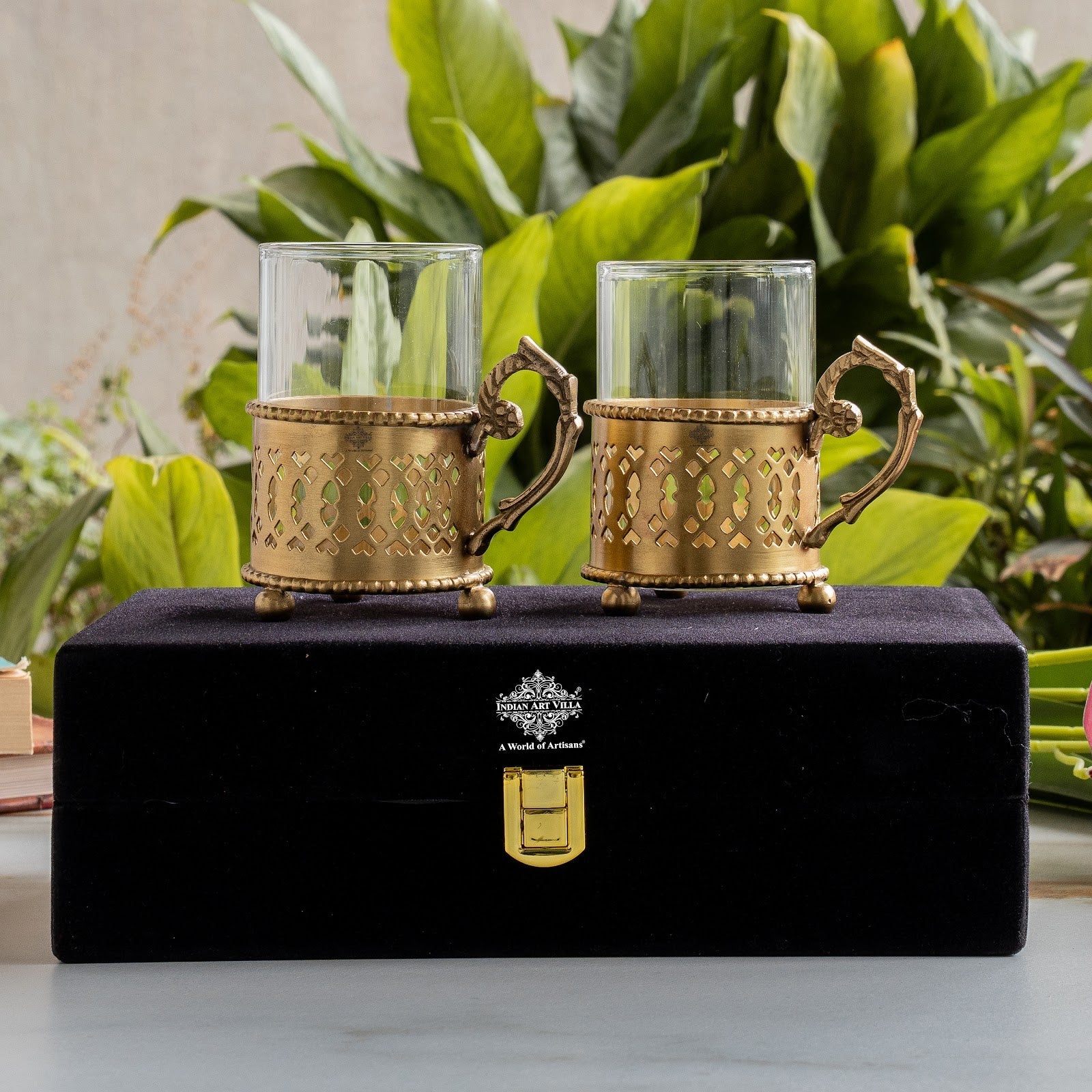 Pure Brass Tea Cup Set of 2 & 4 with Black Velvet Gift Box-170 ML