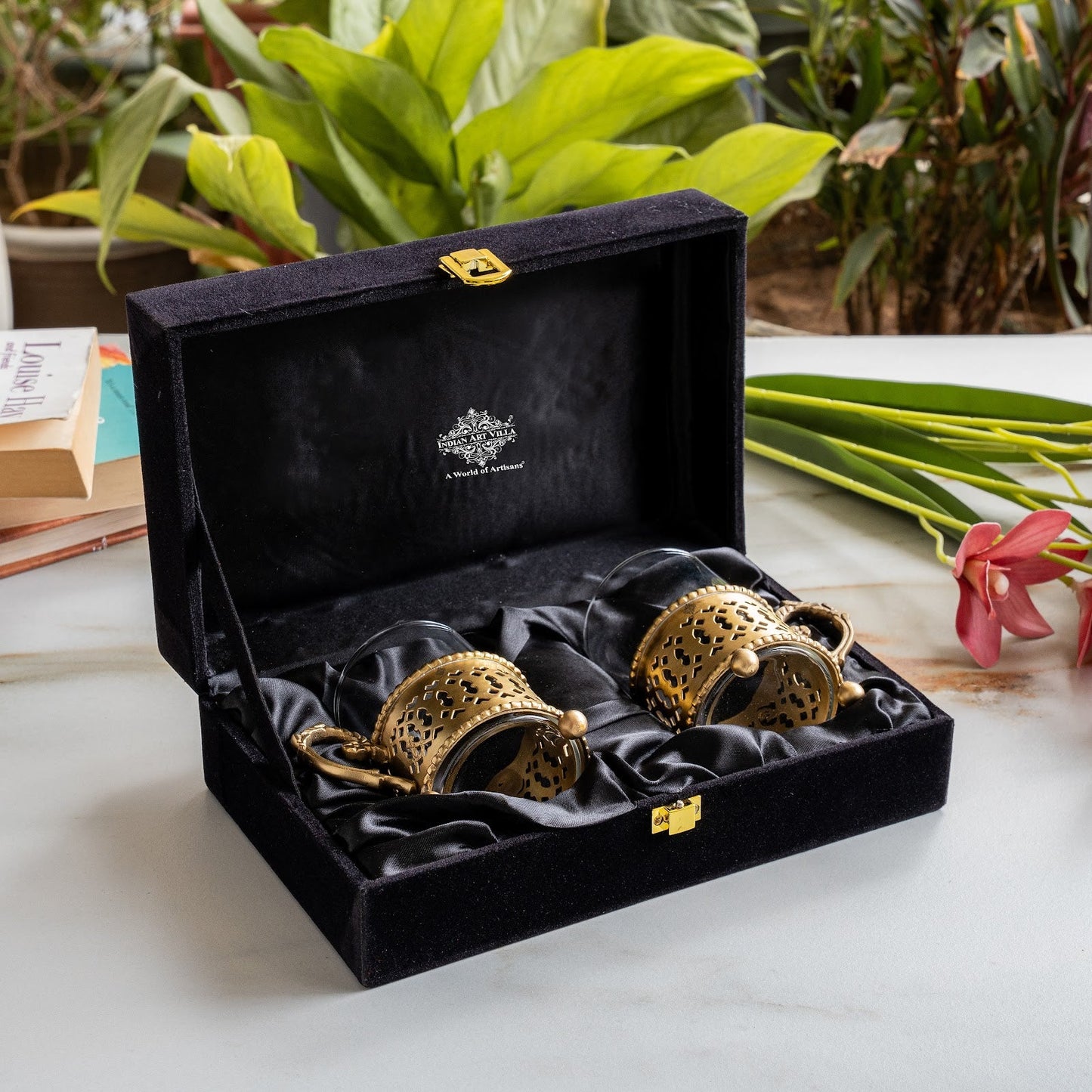 Pure Brass Tea Cup Set of 2 & 4 with Black Velvet Gift Box-170 ML