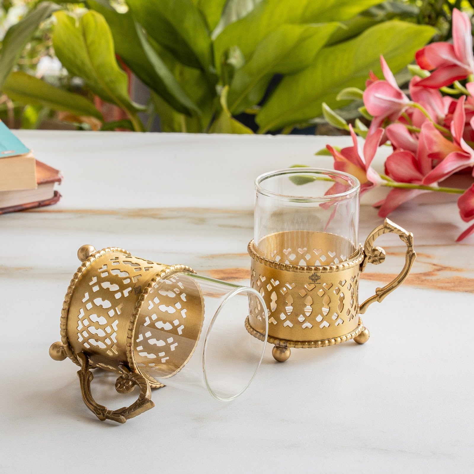 Pure Brass Tea Cup Set of 2 & 4 with Black Velvet Gift Box-170 ML