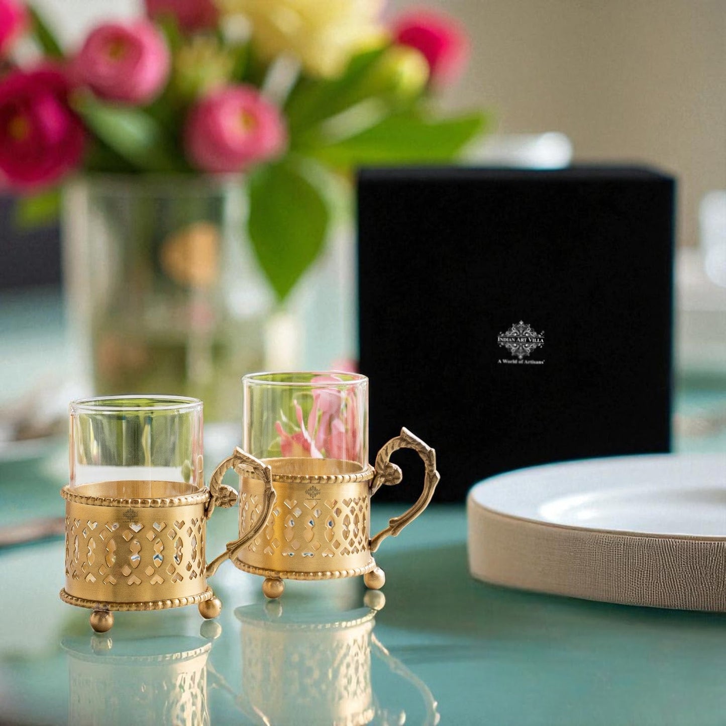 Pure Brass Tea Cup Set of 2 & 4 with Black Velvet Gift Box-170 ML