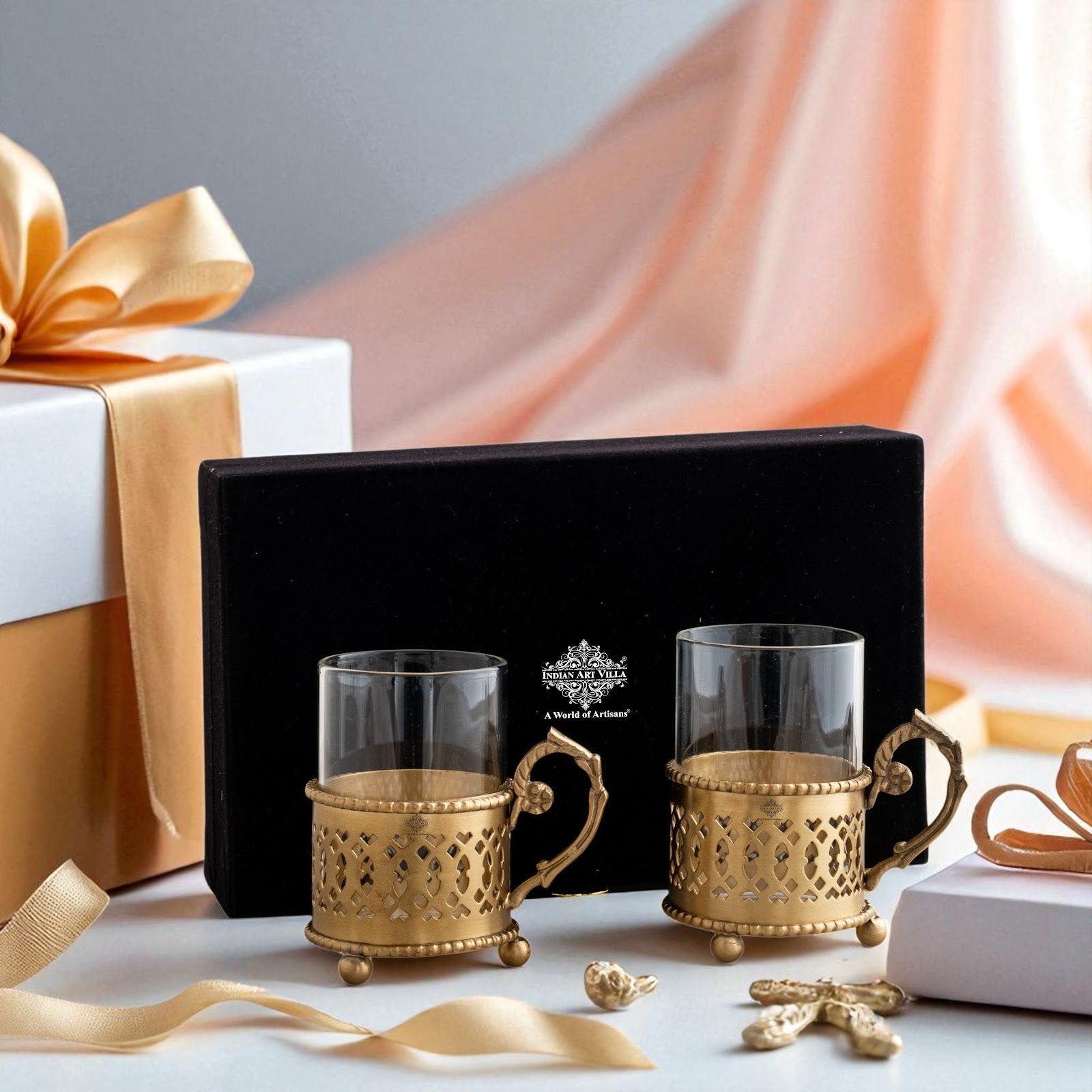 Pure Brass Tea Cup Set of 2 & 4 with Black Velvet Gift Box-170 ML