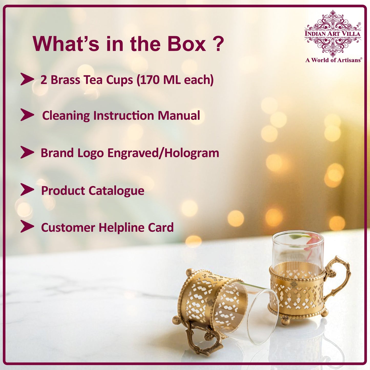 Pure Brass Tea Cup Set of 2 & 4 with Black Velvet Gift Box-170 ML