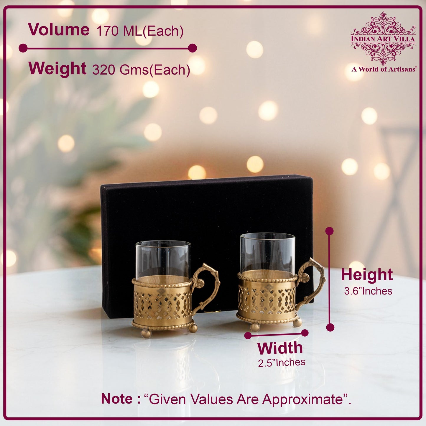 Pure Brass Tea Cup Set of 2 & 4 with Black Velvet Gift Box-170 ML
