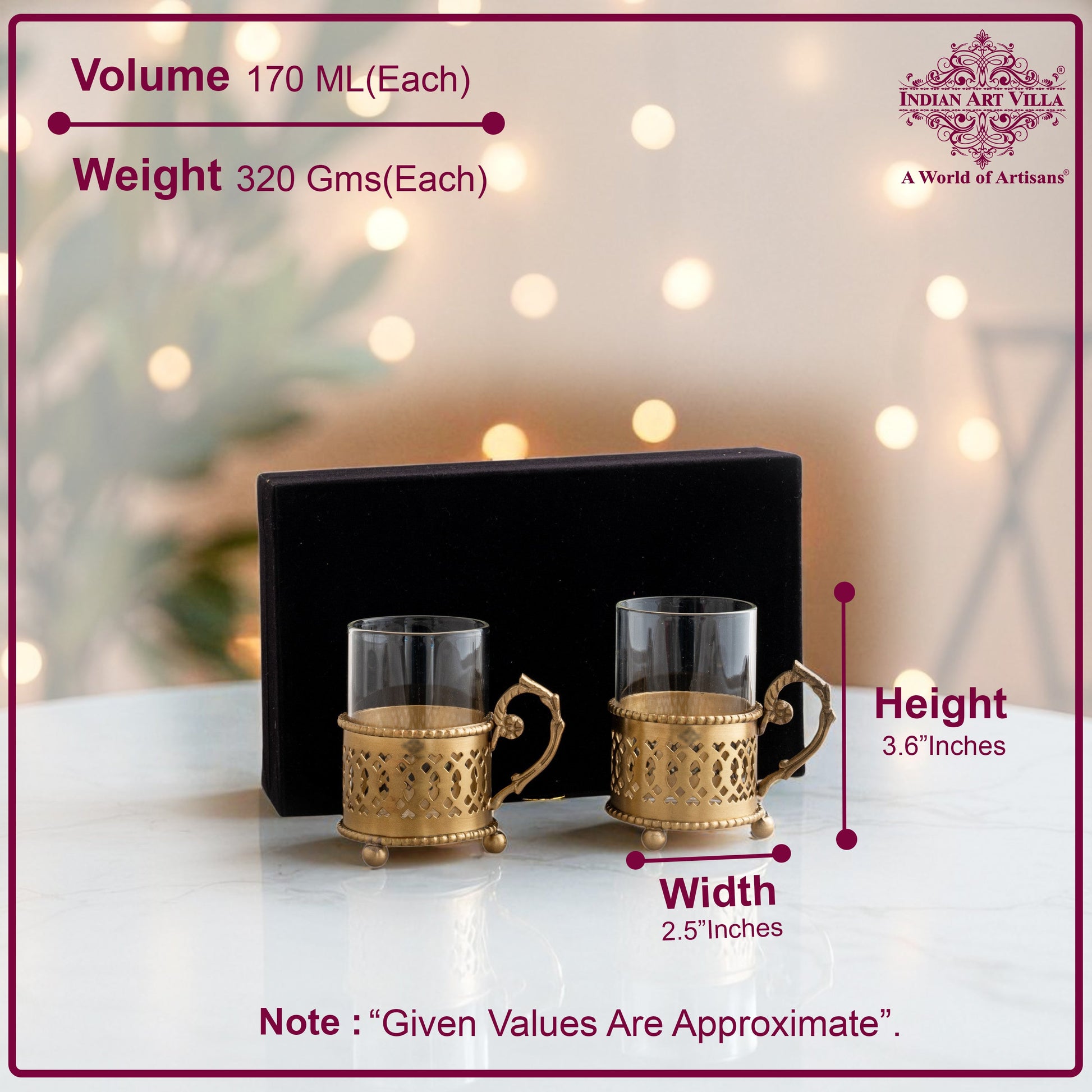 Pure Brass Tea Cup Set of 2 & 4 with Black Velvet Gift Box-170 ML