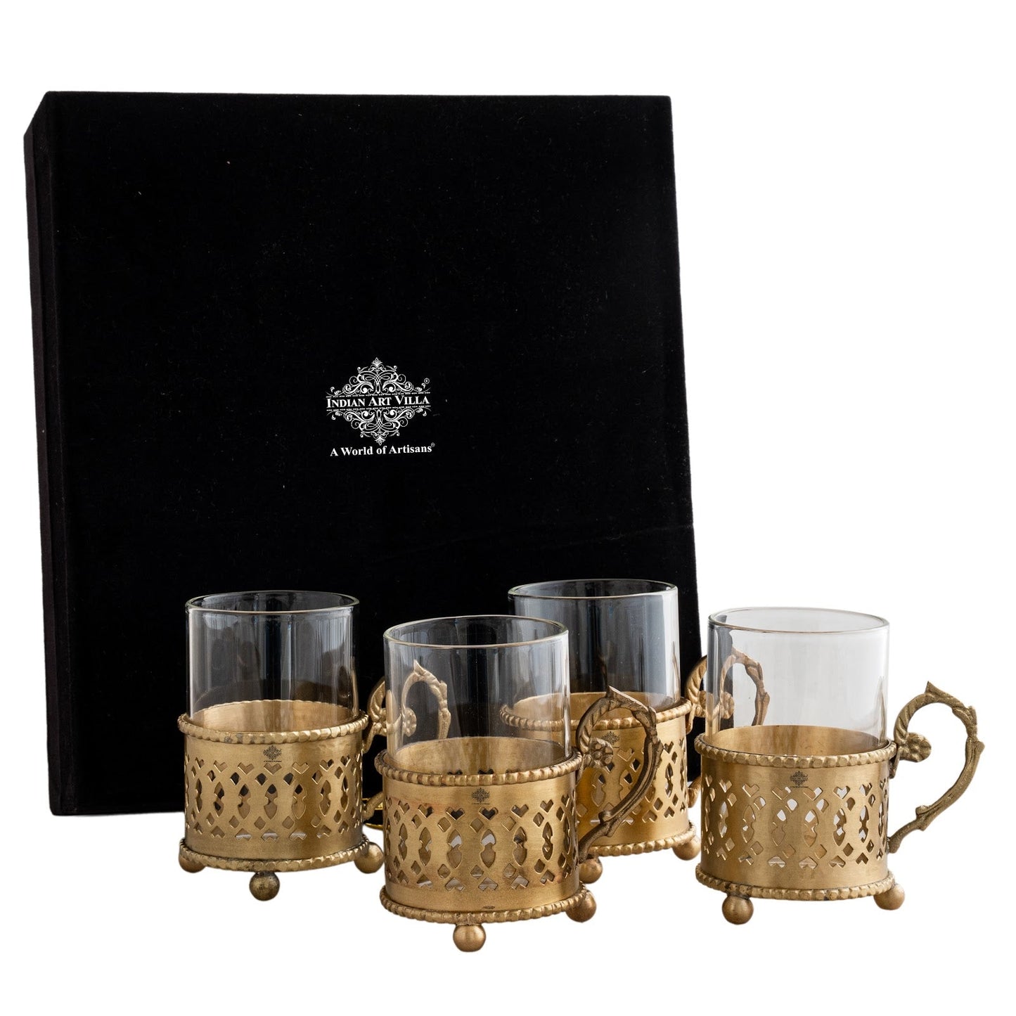 Pure Brass Tea Cup Set of 2 & 4 with Black Velvet Gift Box-170 ML