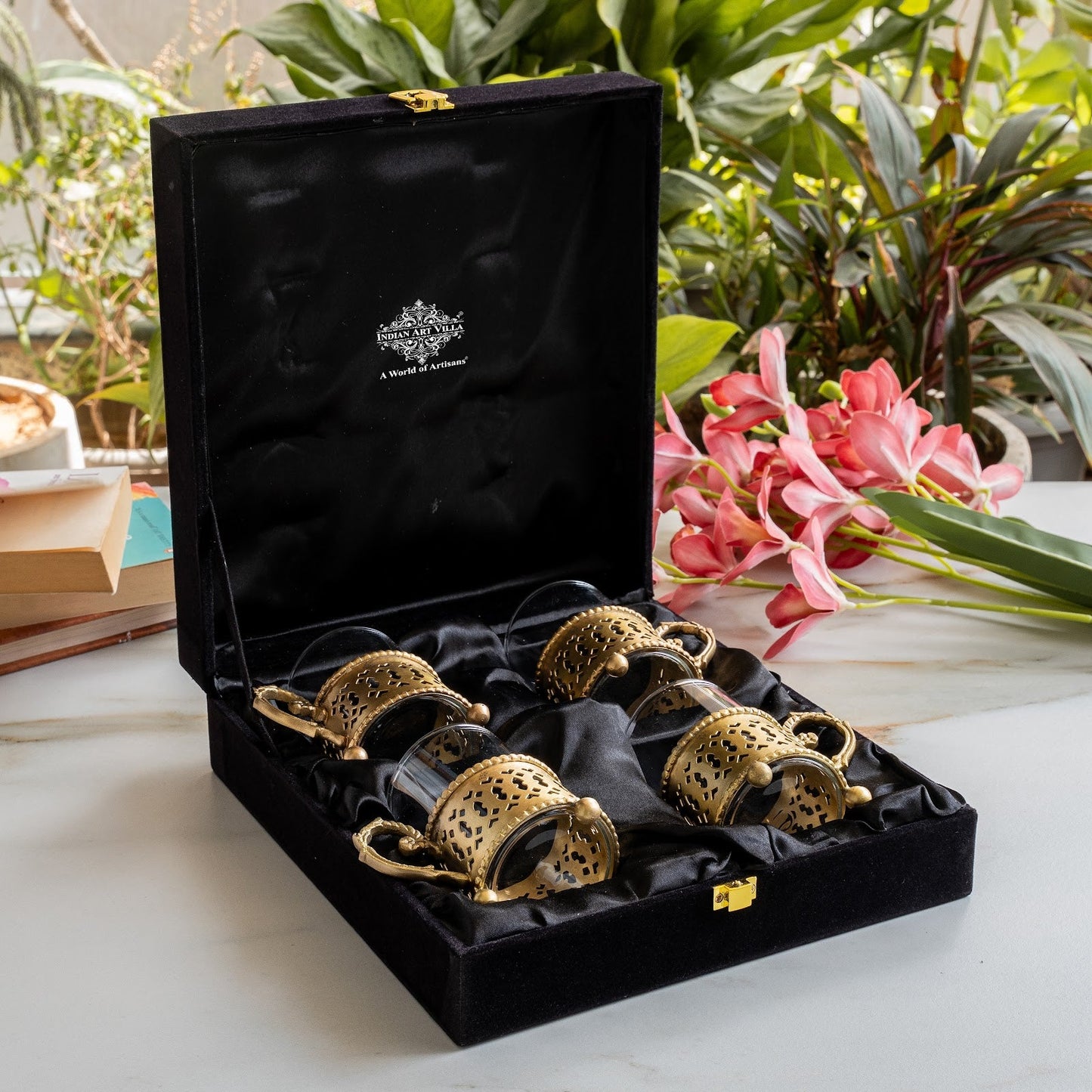 Pure Brass Tea Cup Set of 2 & 4 with Black Velvet Gift Box-170 ML