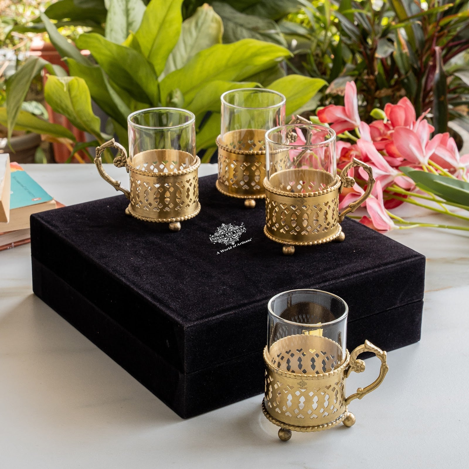 Pure Brass Tea Cup Set of 2 & 4 with Black Velvet Gift Box-170 ML