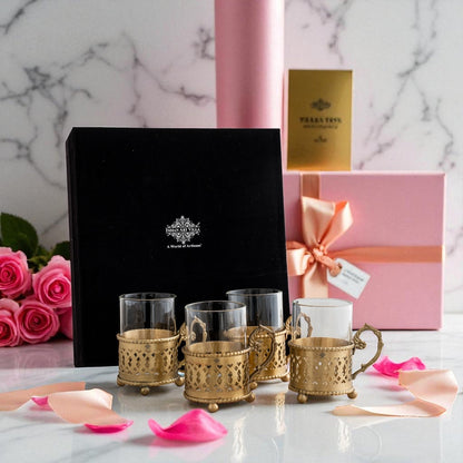 Pure Brass Tea Cup Set of 2 & 4 with Black Velvet Gift Box-170 ML