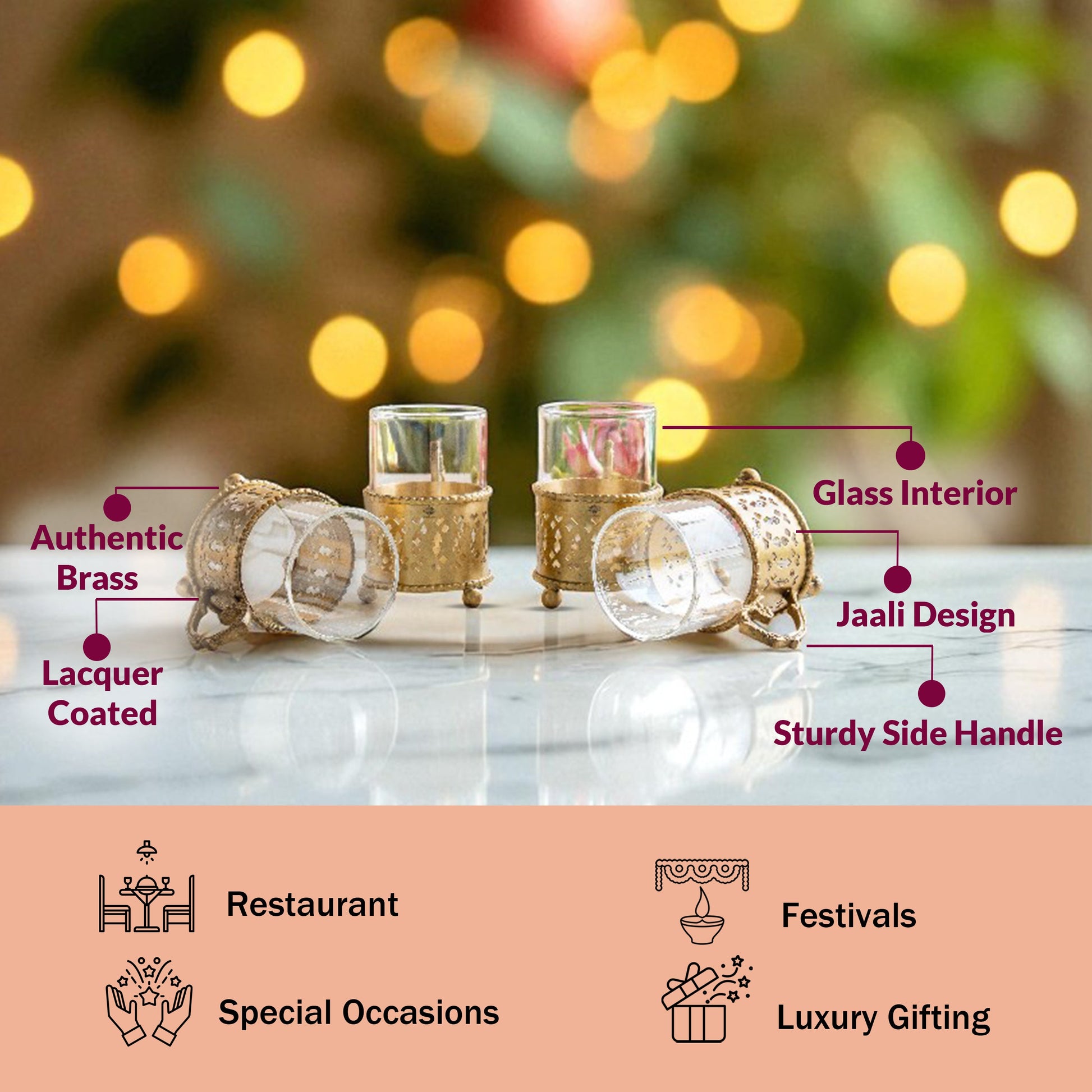 Pure Brass Tea Cup Set of 2 & 4 with Black Velvet Gift Box-170 ML