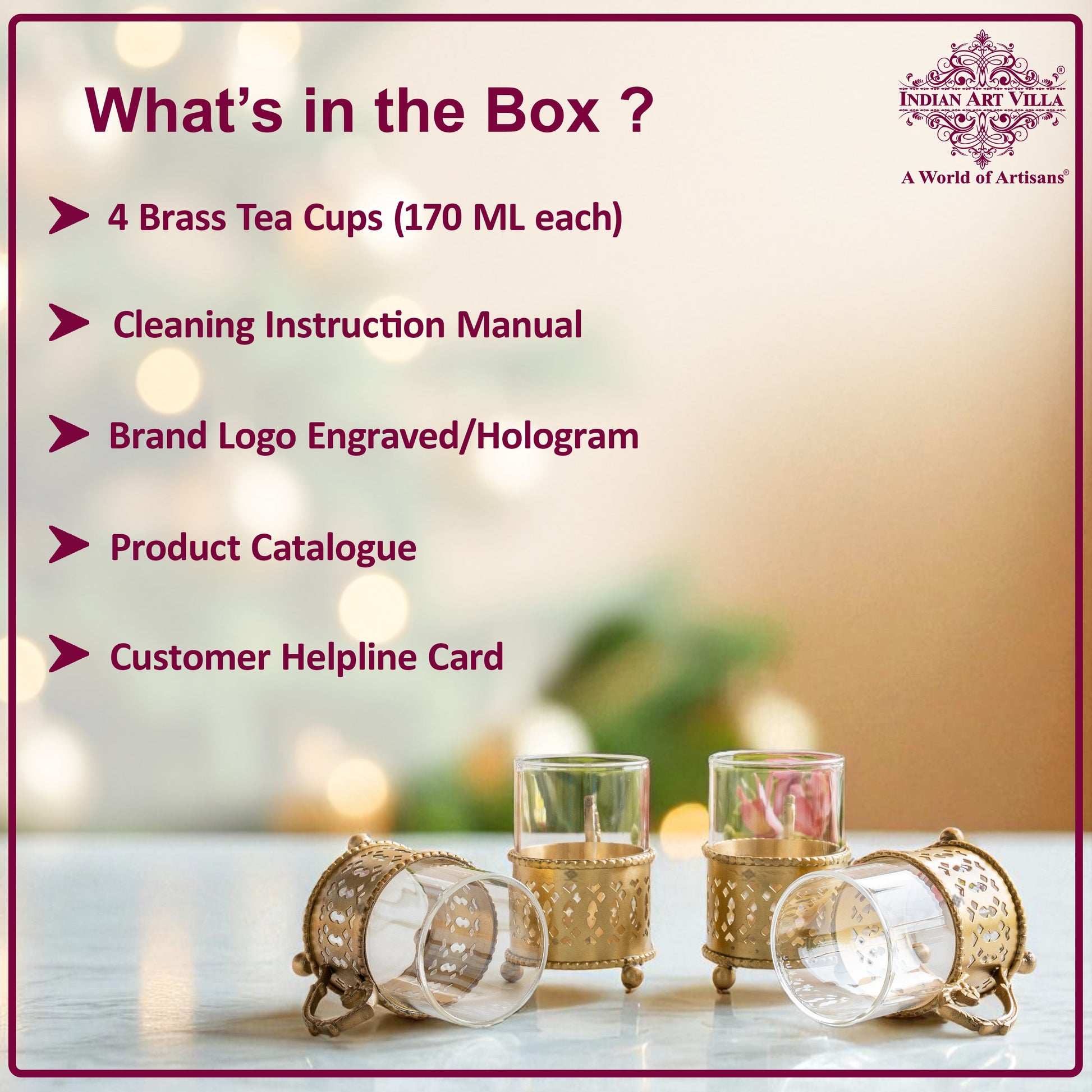 Pure Brass Tea Cup Set of 2 & 4 with Black Velvet Gift Box-170 ML