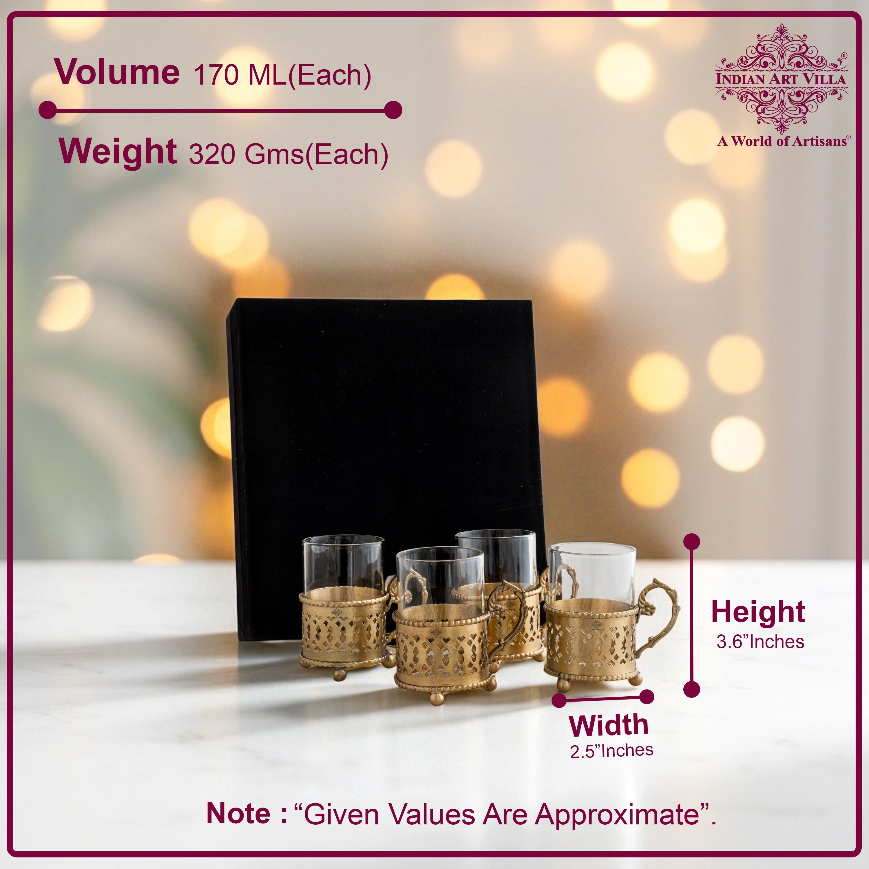 Pure Brass Tea Cup Set of 2 & 4 with Black Velvet Gift Box-170 ML