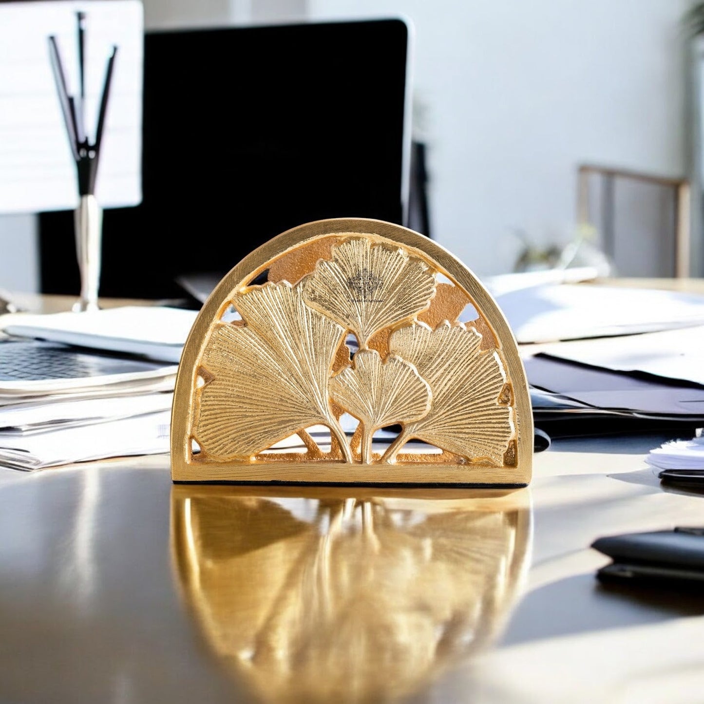 Brass Finish Embossed Flower Design Napkin Holder – Elegant Decorative Tissue Organizer for Home, Office, and Gifting