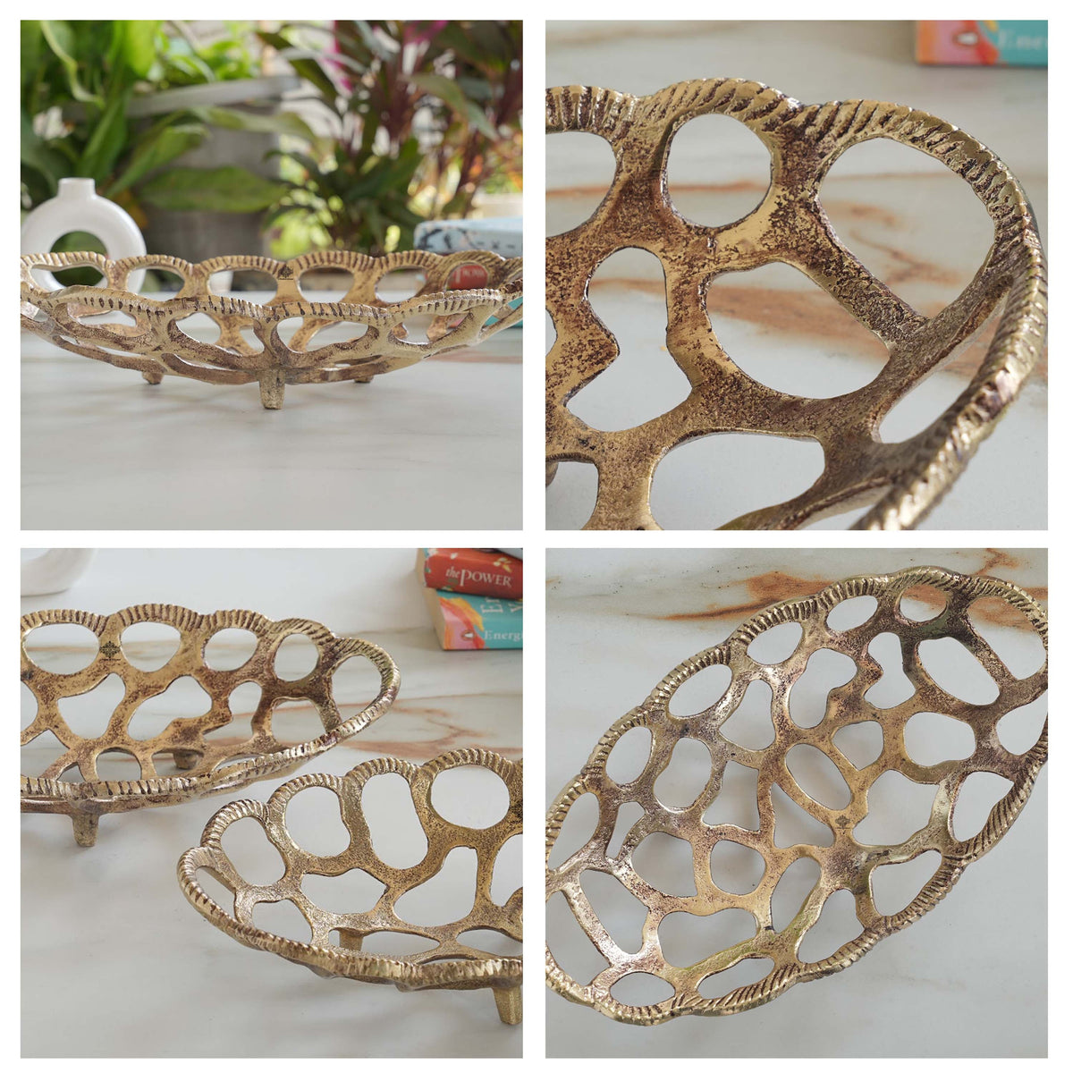 Brass Finish Oval Shape Hollow Design Tray/Fruit Basket