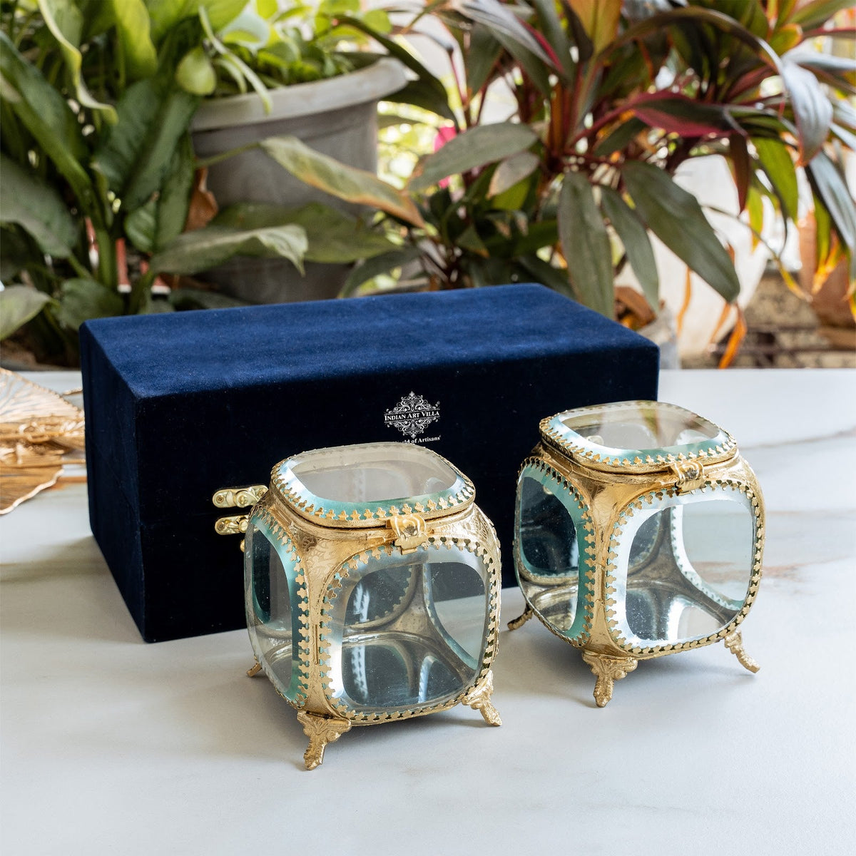 Multipupose Decorative Box with Glass and Brass with Velvet Gift Box
