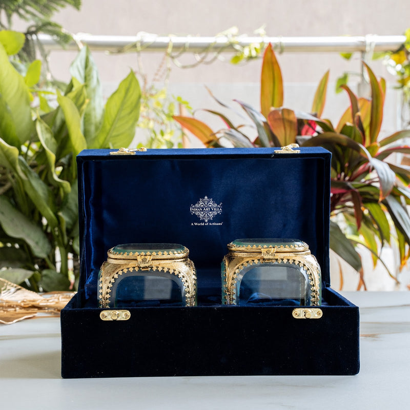 Multipupose Decorative Box with Glass and Brass with Velvet Gift Box