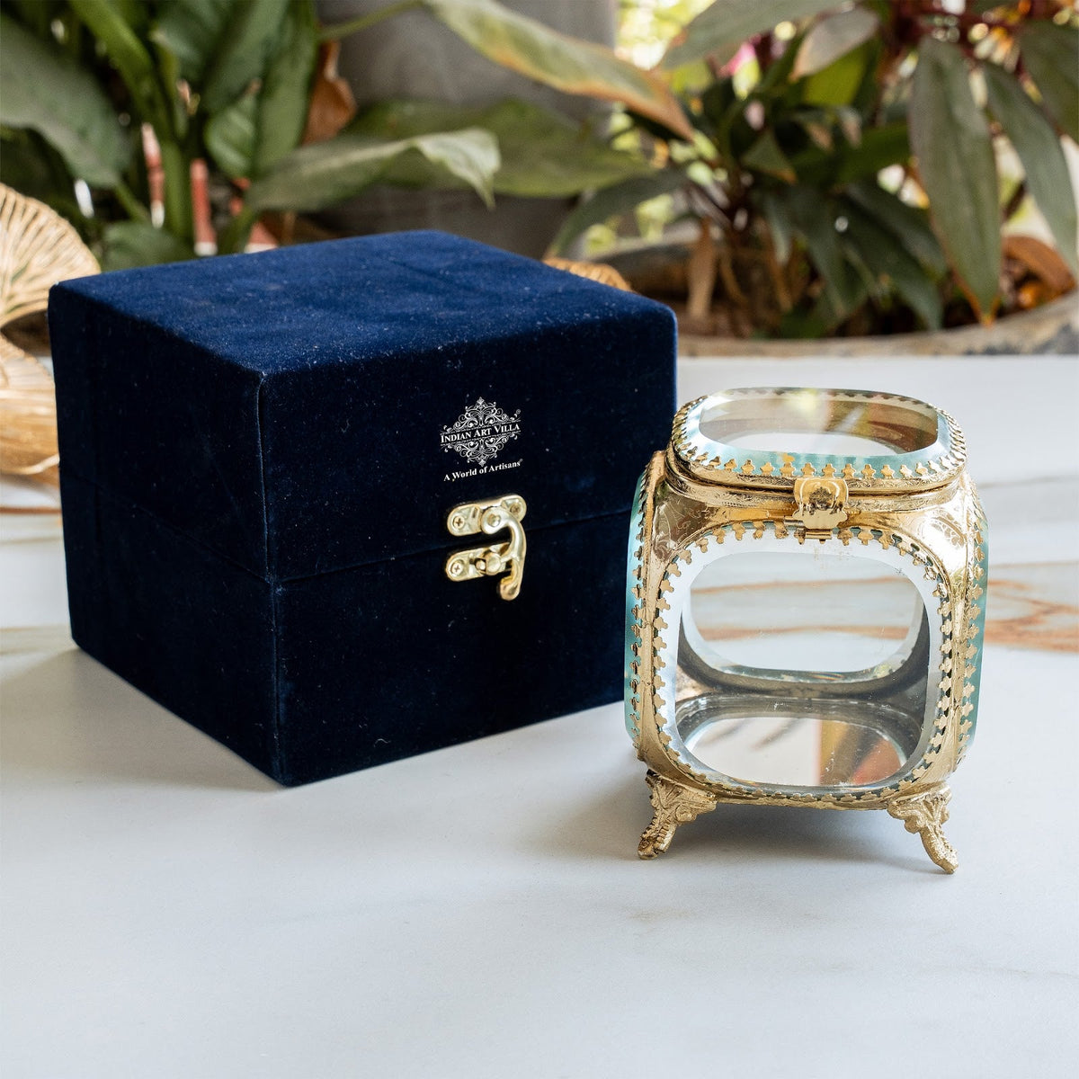 Multipupose Decorative Box with Glass and Brass with Velvet Gift Box