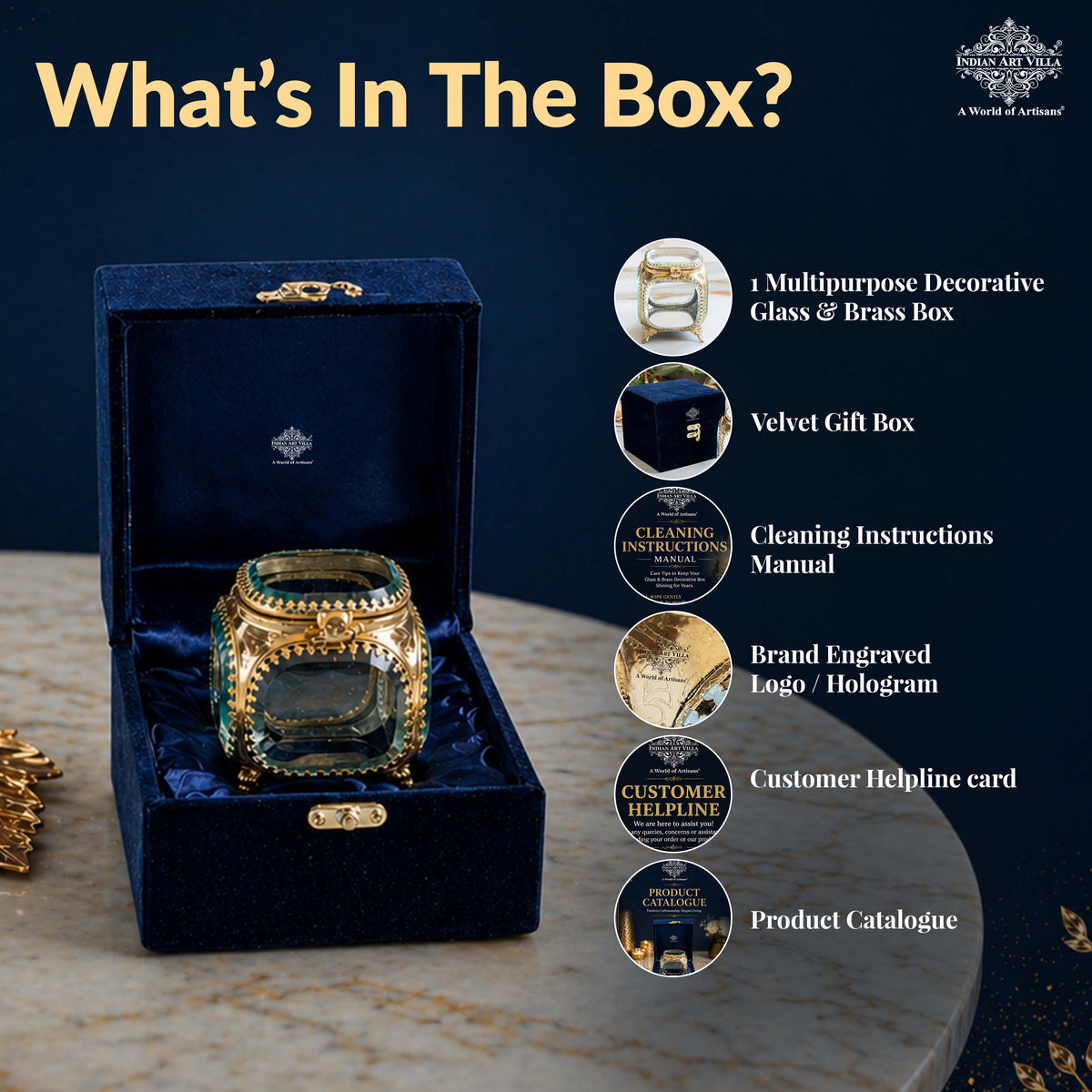 Multipupose Decorative Box with Glass and Brass with Velvet Gift Box
