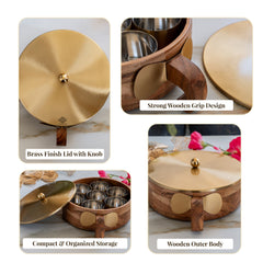 Stainless Steel Masala Box with Brass Finish Lid & Wooden Outer
