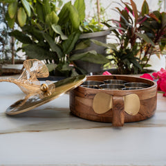 Stainless Steel Masala Box with Brass Finish Lid & Wooden Outer