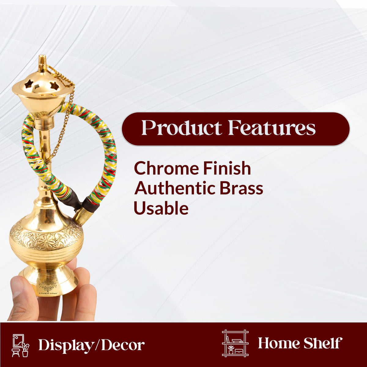 Brass Hookah With Gold Finish Handmade Embossed Design - Showpiece, Home Decor