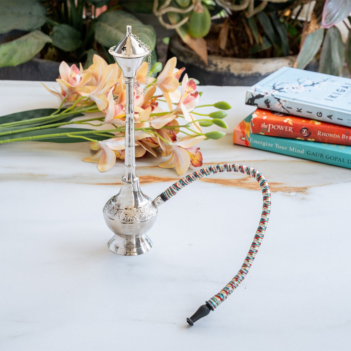 Handmade Pure Brass Chrome Finish Designer Hookah- Home Decor