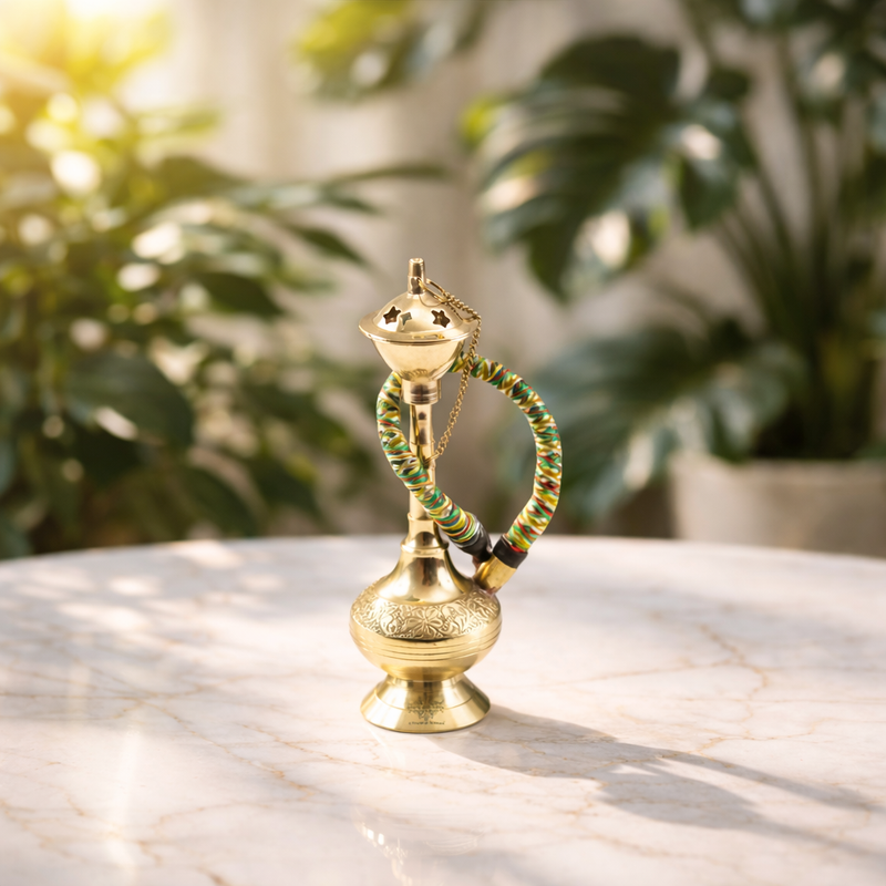 Brass Hookah With Gold Finish Handmade Embossed Design - Showpiece, Home Decor