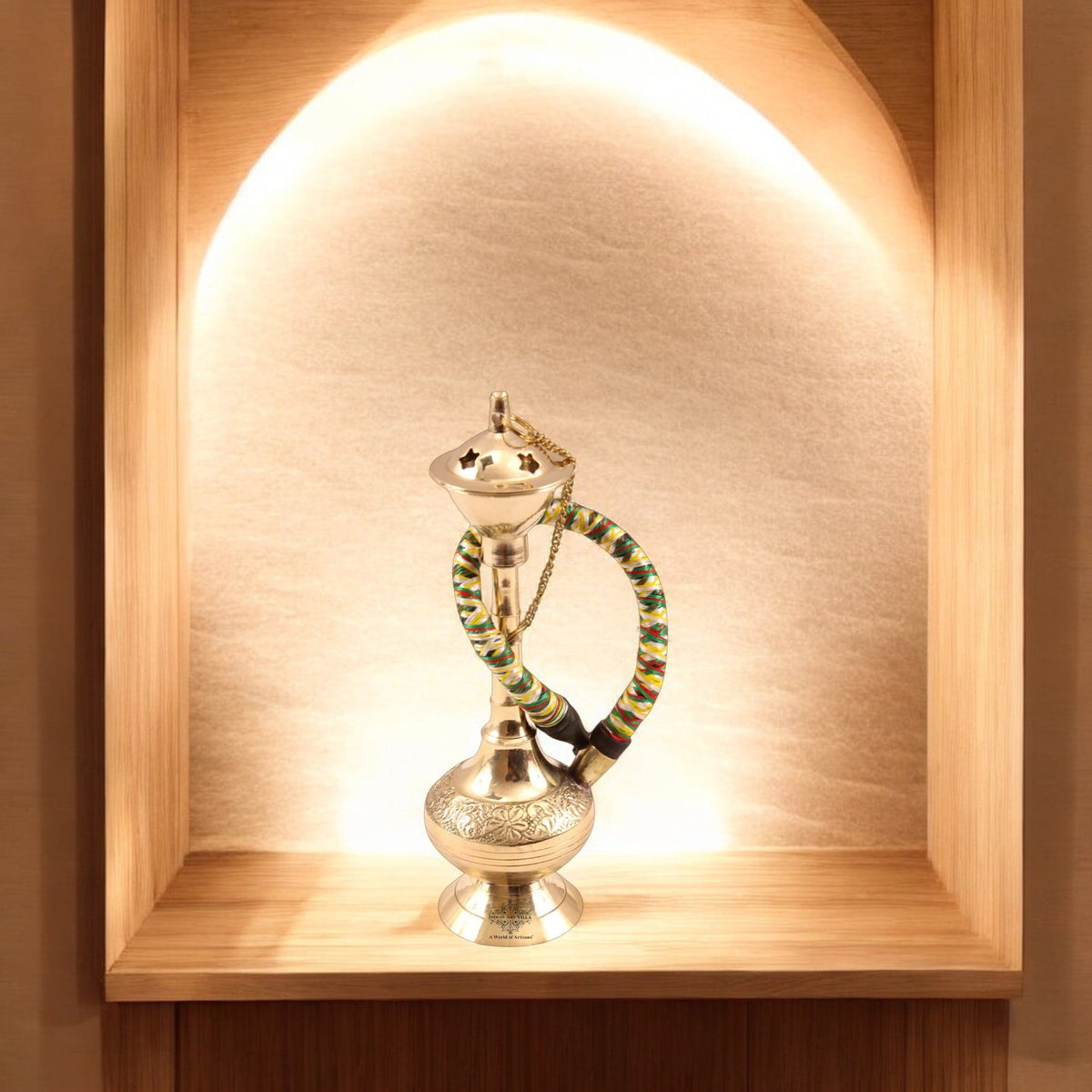 Brass Hookah With Gold Finish Handmade Embossed Design - Showpiece, Home Decor